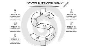 Doodle infographic elements with 5 options. Vector business template for presentation