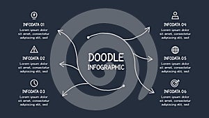 Doodle infographic elements with 6 options. Template for web on a dark background.