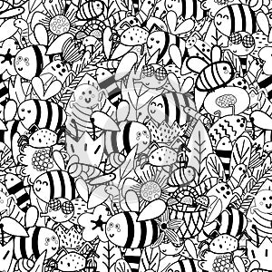 Doodle insects black and white seamless patterns - bees, flies, bugs, spiders, worms, leaves