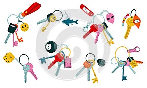 Doodle keychains. Vintage and modern keys with different heads keyrings and keyholders, simple real estate logo elements