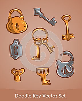Doodle keys set isolated on brown background. Vector