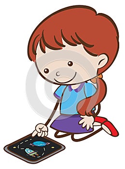 Doodle Kid Playing Tablet on White Background
