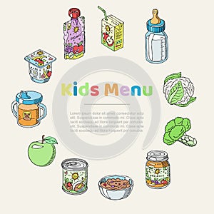 Doodle kids menu and baby food poster vector illustration. Newborn and baby food including drinks, porridges, puree and