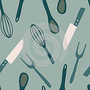 Doodle knife, spoon, fork, corolla ornament seamless pattern. Kitchen cooking equipment random print in blue colors