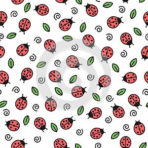 Doodle ladybugs seamless pattern. Vector repeating baby background with cute beetles and leaves