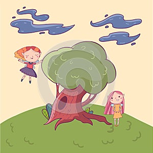 Doodle landscape with big old oak-tree. Fairies characters having fun outdoors. Red-haired girl in flying action