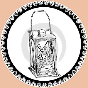 Doodle lantern, kerosene lamp in vintage style with lace. Silhouette of lamp hand drawn in black and white colors