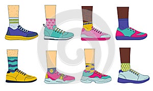 Doodle legs with shoes. Sport fashion footwear on woman's and man's feet with colored socks. Vintage casual sneakers set