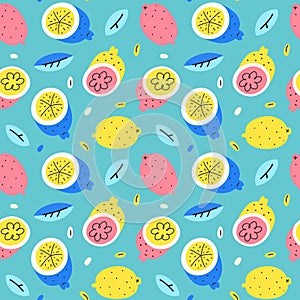 Doodle lemon pattern, seamless repeating ornament, colorful trendy background with whole lemon fruits, bright handdrawn