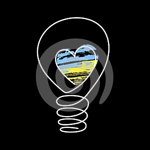 Doodle lightbulb,hand drawn electric device with blue-yellow heart,power outage concept.Sign of scientific discovery,insight.