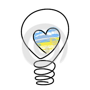 Doodle lightbulb,hand drawn electric device with blue-yellow heart,power outage concept.Sign of scientific discovery,insight.