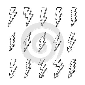 Doodle lightning bolts vector logo set. Concept of energy and electricity. Cartoon flash collection. Power and electric