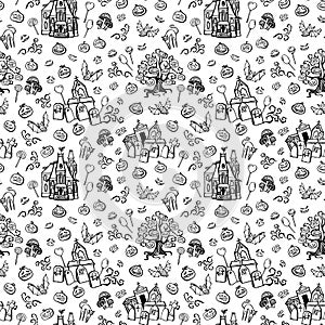 Doodle line art halloween town seamless pattern. Hand drawn outline design.