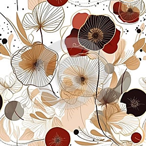 Doodle line art poppies and dandelions flowers seamless pattern. Dirty watercolor background. Hand drawn painted abstract blooming