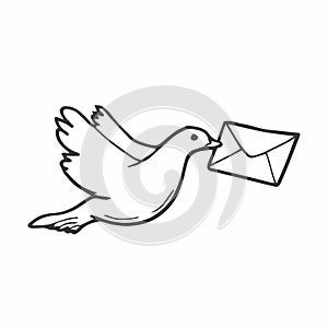Doodle line drawing of a flying carrier pigeon carrying mail