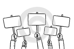 Doodle line illustration large crowd of people demonstrating with blank signs. Human hands up in modern style.