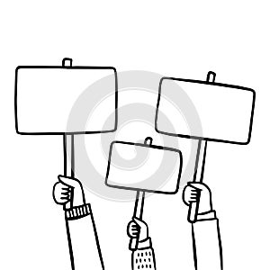 Doodle line illustration large crowd of people demonstrating with blank signs. Human hands up in modern style.