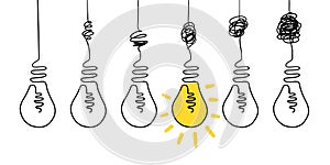 Doodle line lightbulb. Simple messy mind process, complicated simplicity path idea concept, vector scribble illustration