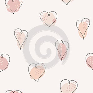 Doodle, linear cute hearts seamless repeat vector pattern