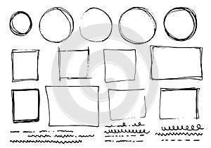 Doodle lines and curves vector. Set of simple doodle lines, curves, frames and spots