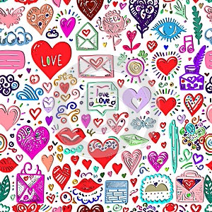Doodle lines hand drawn love hearts and different valentines day romantic symbols signs scribbles seamless pattern . Vector