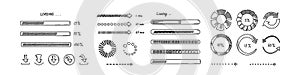 Doodle loading bar, circles, icons. Hand drawn set of graphic, application, ui design elements. Sketch progress status, upload