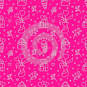 Doodle love seamless pattern with hearts  gifts  letters. Pink and white colors. Romantic design for valentine\'s day