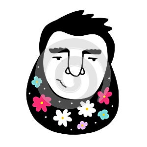 Doodle male face with flowers in beards, hair