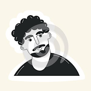 Doodle man face avatar with mustache and beard and curly hair. Trendy hipster guy portrait sticker. Black and white