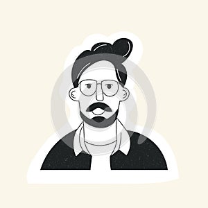 Doodle man face avatar with mustache beard haircut and glasses. Hipster guy portrait sticker with trendy hair. Hand