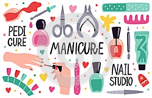 Doodle manicure equipment. Nail manicure tools, scissors, nail polish, tweezers and nail file, manicure accessories