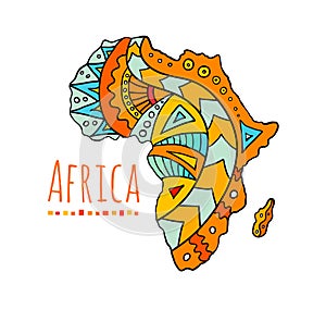 Doodle map of Africa. Vector illustration hand-drawn.