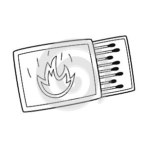 Doodle A matchbox with matches. Camping igniter. A fire starter. Equipment for tourism, travel, picnic, hiking, sports. Outline