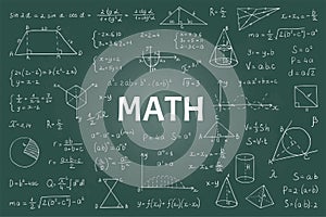 Doodle math blackboard. Mathematical theory formulas and equations, hand drawn school education graphs. Vector geometry