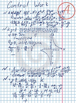 Doodle math formulas. Handwritten mathematical equations, schemes on notebook squared paper. Algebra calculations vector