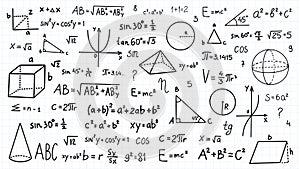 Doodle math formulas. Handwritten mathematical equations, schemes on notebook squared paper. Algebra or geometry calculations