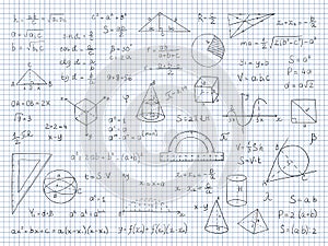 Doodle math. Physics and geometry formulas end equations, school science graphs and trigonometry. Vector hand drawn math photo