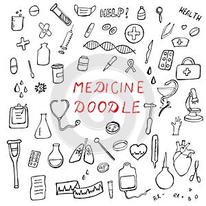 doodle medicine, vector hand drawn set, medicine elements