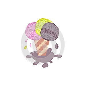 Doodle melting assorted ice cream cup with drops and puddle. Perfect print for tee, stickers, poster. Hand drawn isolated vector