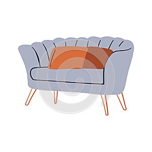 Doodle modern furniture. Comfortable sofa couch mid century contemporary style, vector room decoration interior design