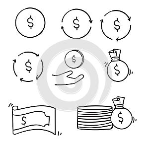 Doodle Money line icons set vector illustration handdrawn style