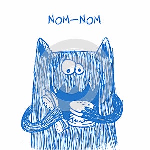 Doodle monster. Hand drawn sketch illustration. Funny character drawn with blue pen isolated on a white background.