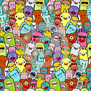 Doodle monster pattern seamless Color. Cartoon character background. vector texture