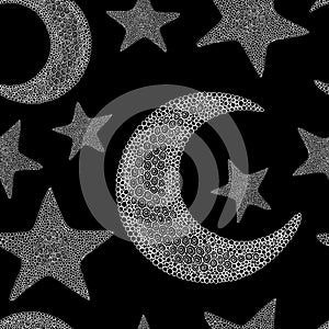 Doodle moon and star seamless pattern. Black and white background. Vector illustration