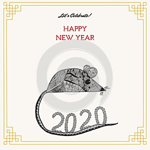 Doodle mouse 2020 chinese new year card with handdrawn zentangle abstract design