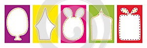 Doodle multicolored blank rectangle Borders set. Hand drawn Frame in shape of balloon, hare with ears, gift box, window with