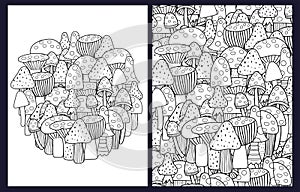 Doodle mushrooms coloring pages set. Fantasy forest background for coloring book