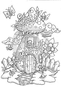 Doodle mushrooms house for coloring book for adult