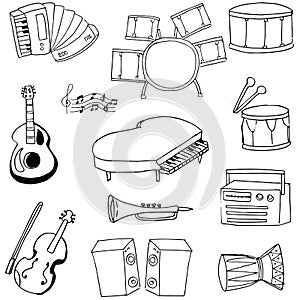 Doodle music icon set stock