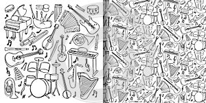 Doodle music instruments set and seamless pattern